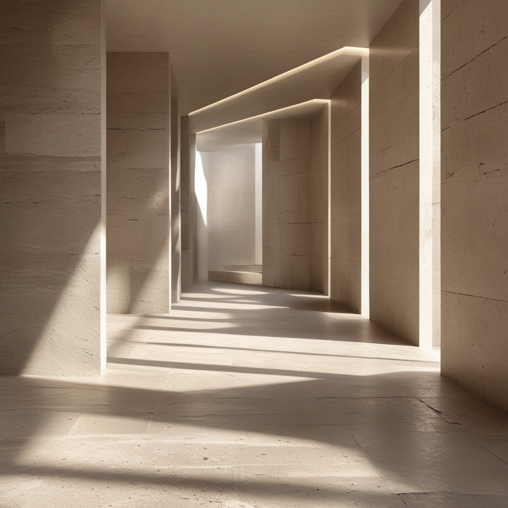 A series of abstract architectural lines and balanced geometric forms in a modern minimal interior with natural stone textures and soft directional light, symbolizing structure and balance